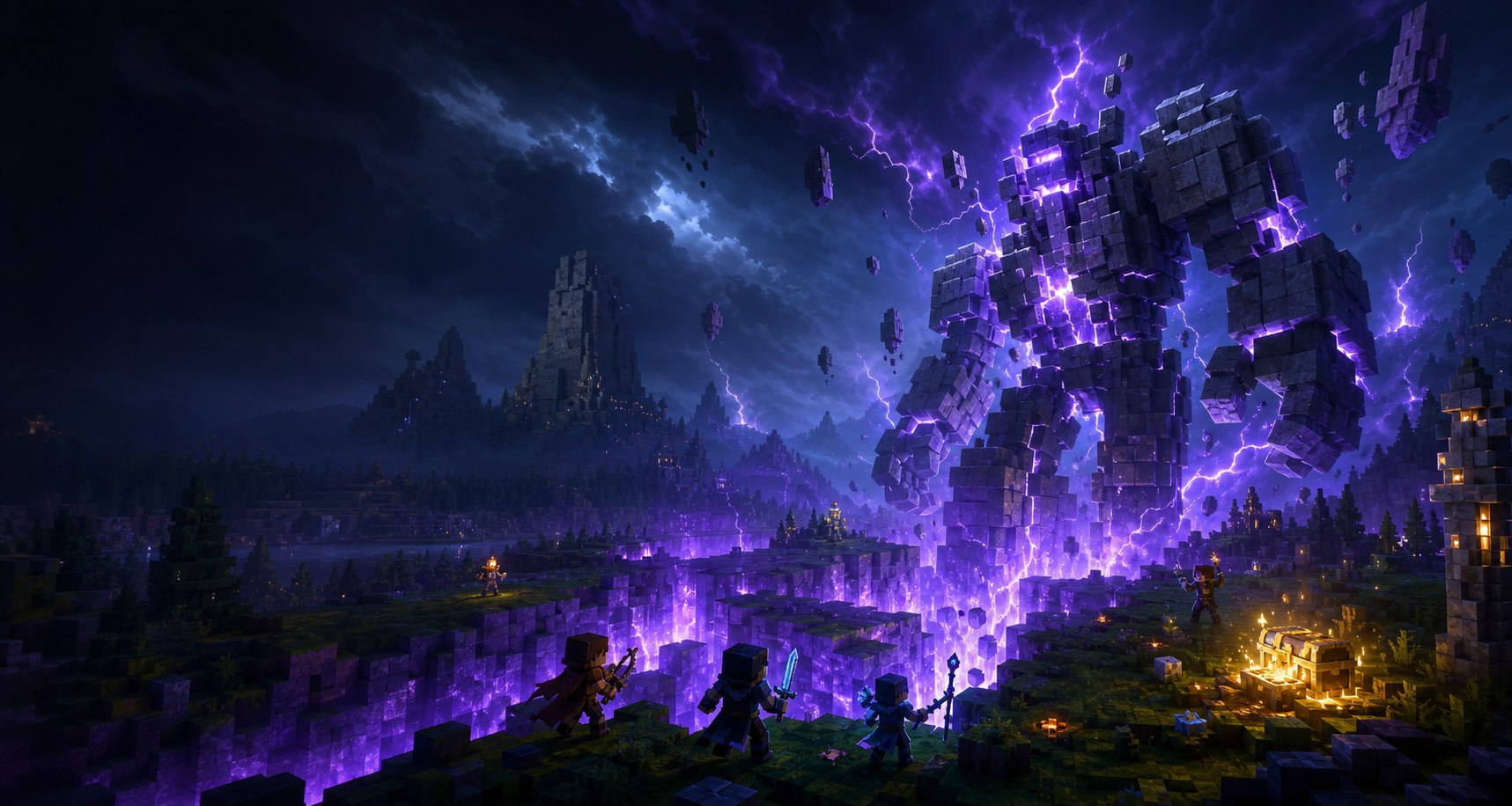 Players confronting a giant at a glowing World Fracture